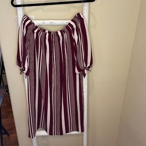 Maroon and White Striped Strapless Dress